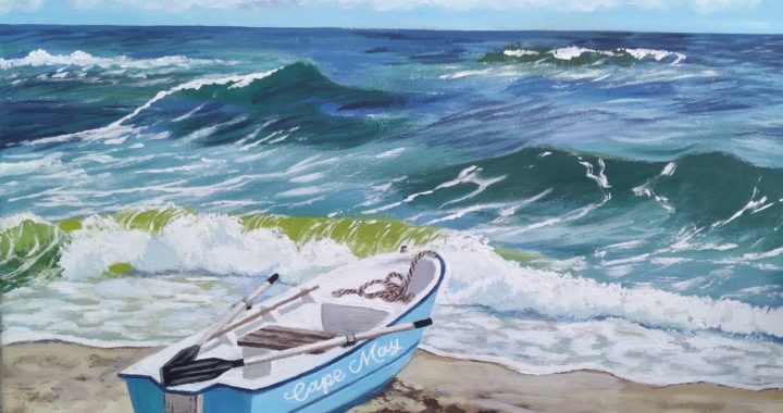 Painting of a blue boat with the words Cape May on the side. The boat is on the beach at the ocean