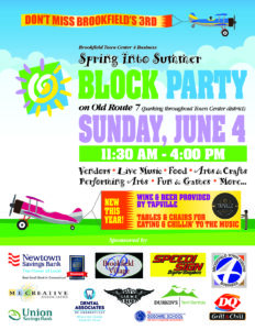 Flyer for the 3rd annual Brookfield Block Party. Sunday, June 4th 11:30-4pm